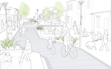 Child-friendly transformation of a residential street. From Designing Streets for Kids, by NACTO. Copyright © 2020 National Association of City Transportation Officials. Reproduced by permission of Island Press, Washington, D.C.