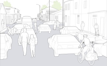 Child-friendly transformation of a residential street. From Designing Streets for Kids, by NACTO. Copyright © 2020 National Association of City Transportation Officials. Reproduced by permission of Island Press, Washington, D.C.