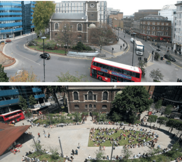 Before-and-after images of Aldgate Square, London: designed with input from
children from the adjacent primary school | Photos courtesy of City of London Corporation Figures